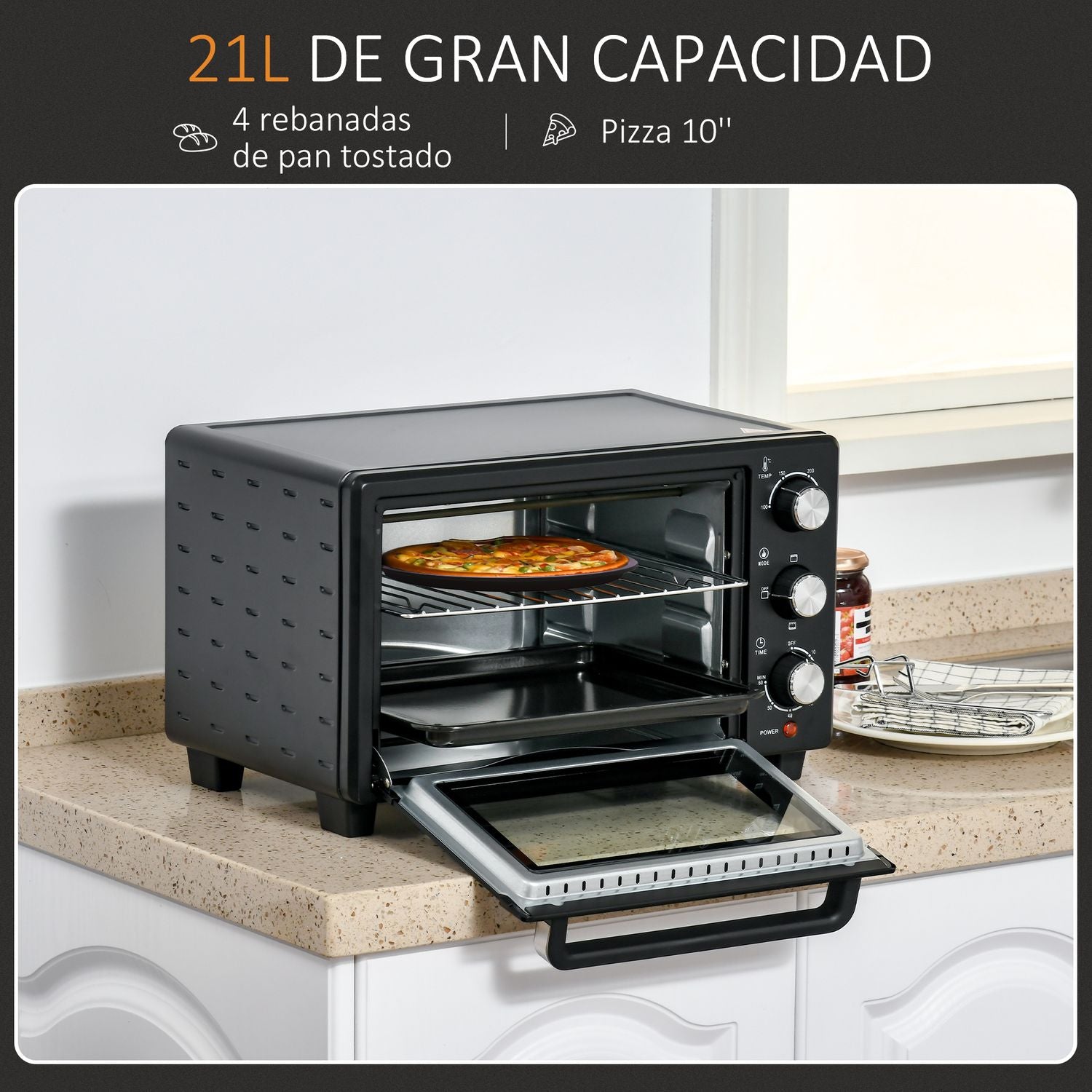 Horno Eléctrico De Sobremesa De Metal Y Vidrio Templado Homcom Negro