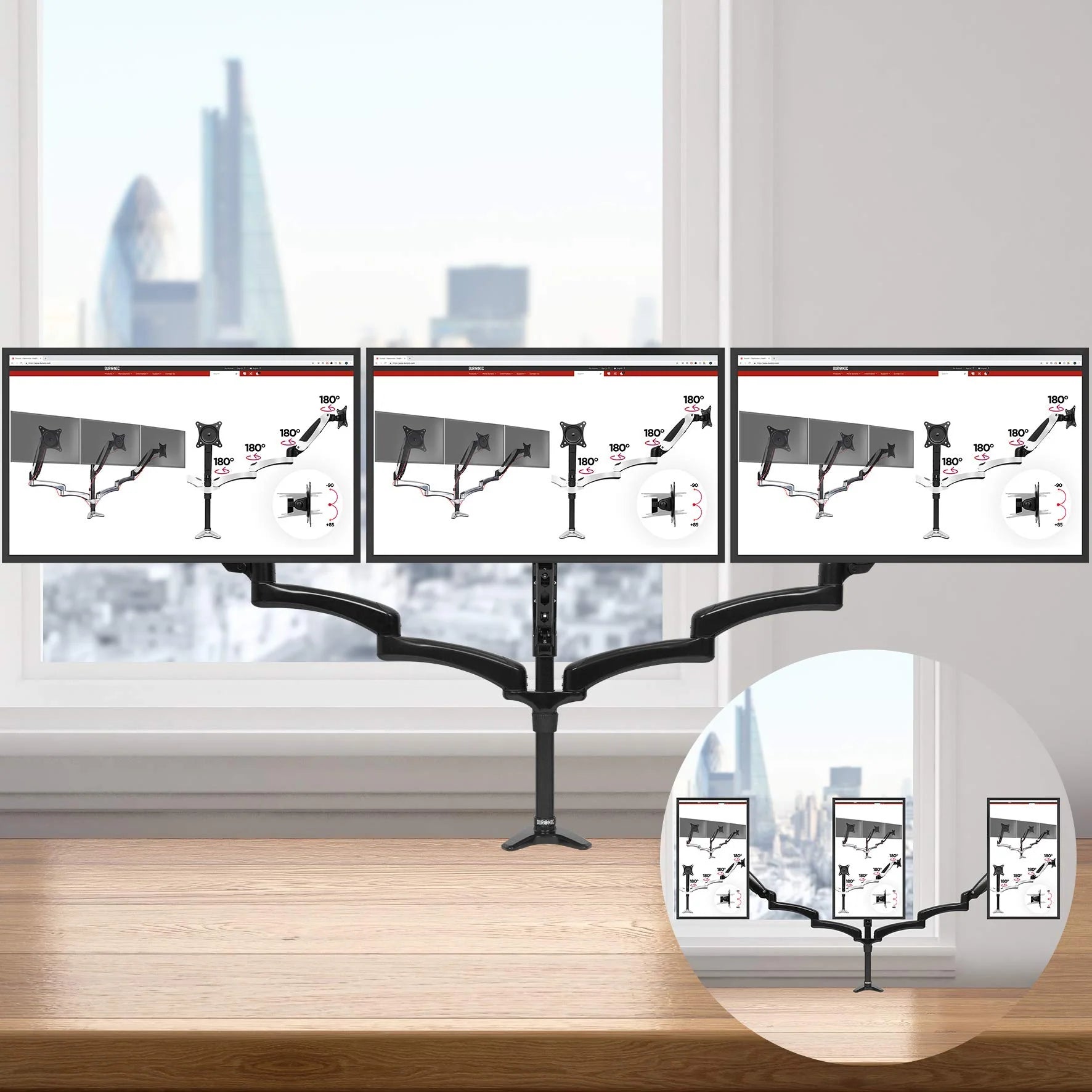 2025 Duronic Soporte para Monitor DM553 | Soporte triple para escritorio PC | NEGRO | Aluminio | Altura ajustable | Para tres pantallas LED/LCD de 15-27 pulgadas | Compatible con VESA 75/100 | Capacidad de 5 kg por pantalla