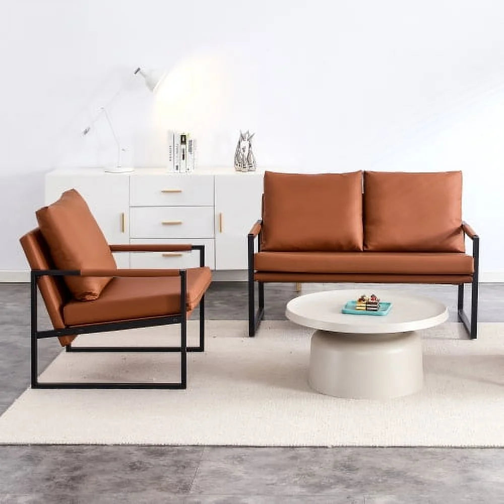 Sofá moderno de 2 plazas con 2 cojines – cuero PU, espuma de alta densidad, estructura metálica negra revestida, color marrón
