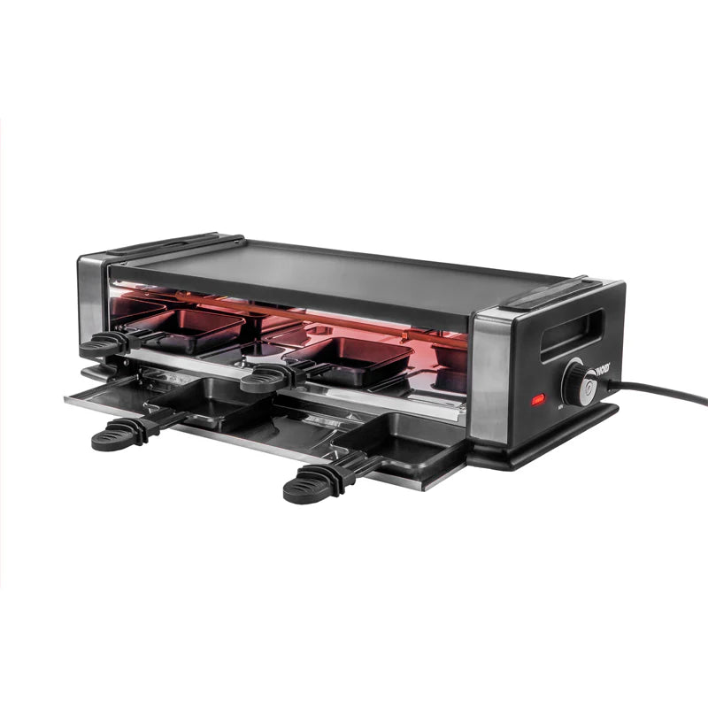 2025 Raclette Delice Basic – Parrilla de mesa para 8 personas con placa antiadherente y sartenes, termostato ajustable continuamente