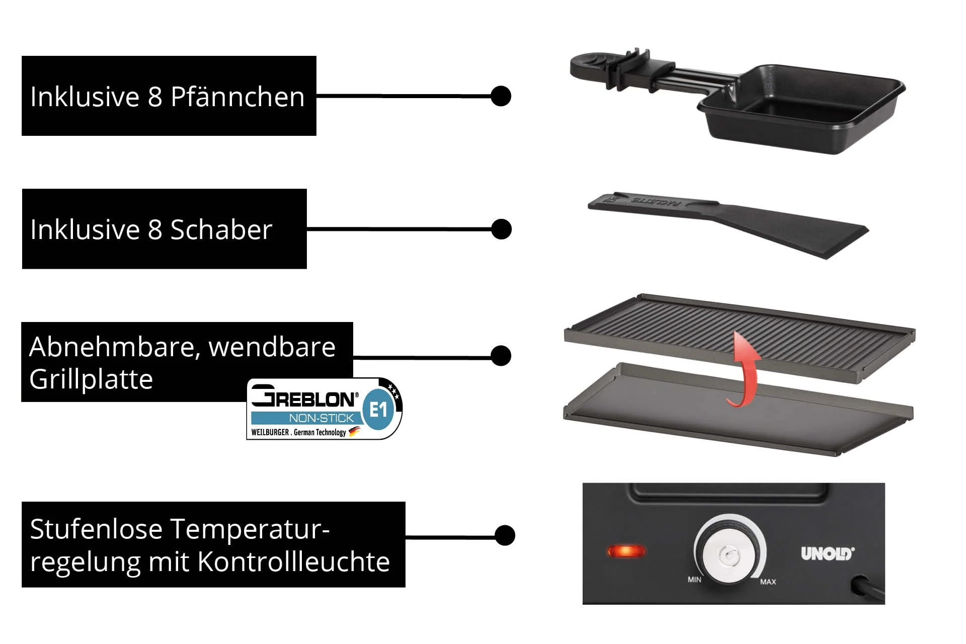 2025 Raclette-Grill „Smokeless 8“ – Raclette sin humo con placa antiadherente y 8 sartenes
