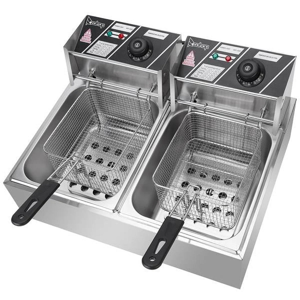 Freidora eléctrica de sobremesa con doble tanque de acero inoxidable - Gran capacidad - Electrodoméstico de sobremesa - Freidora industrial con tanque grande para papas fritas (12.7 cuartos/12 L, 5000 W)