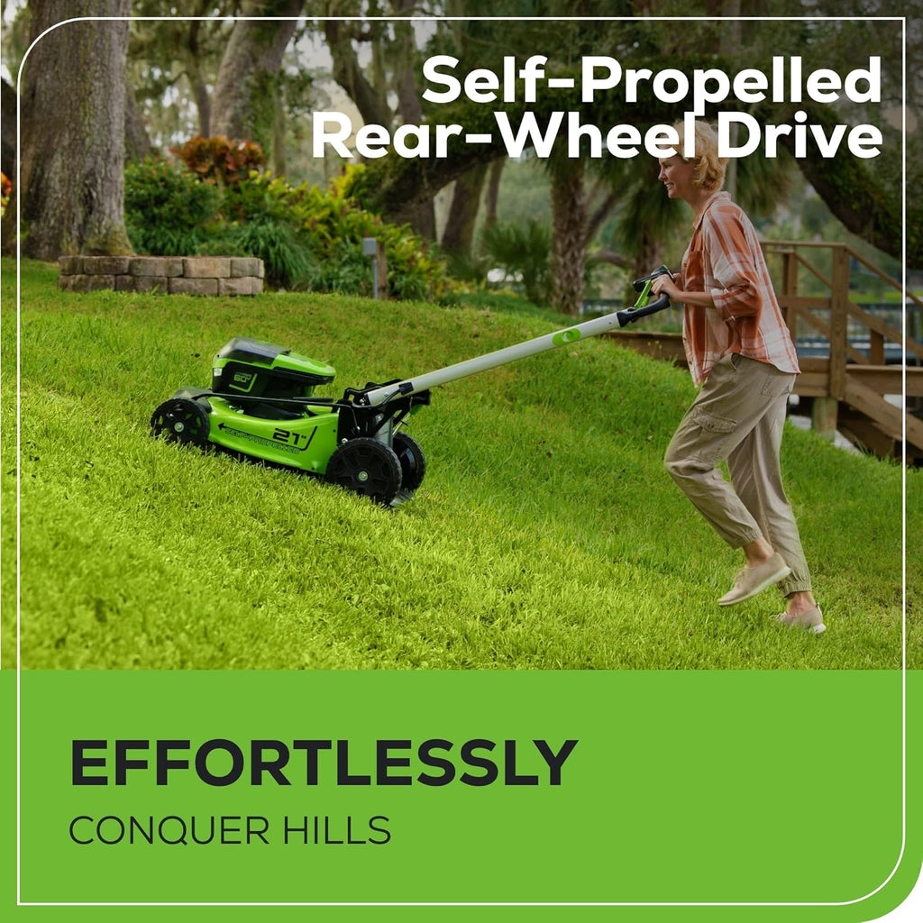 2025 Cortadora de Césped Inalámbrica Greenworks 60V 21” (Auto-Propulsada), 2 Baterías de 4.0Ah y Cargador Rápido Dual