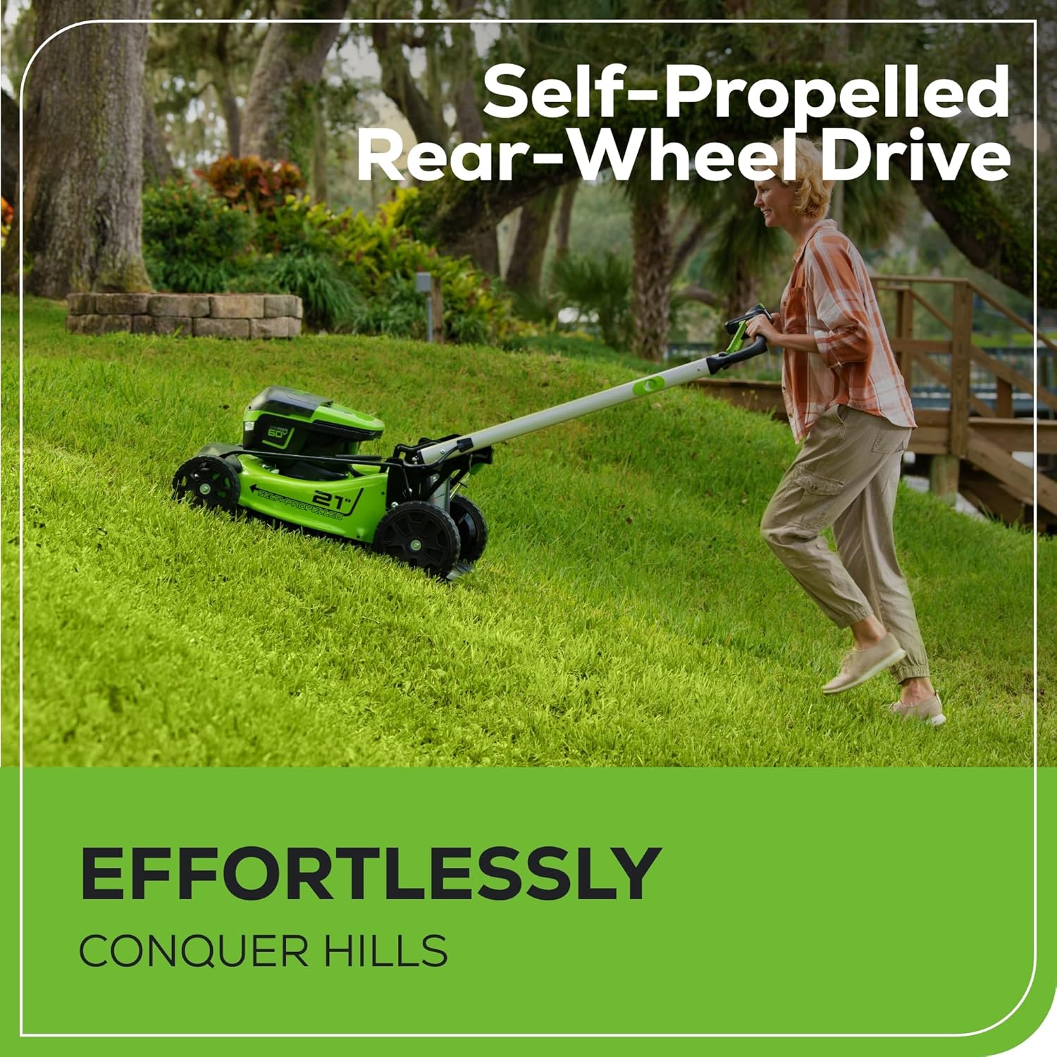 2025 Cortacésped inalámbrico Greenworks 60V 21″ (autopropulsado) con 2 baterías de 4,0 Ah y cargador rápido de doble puerto