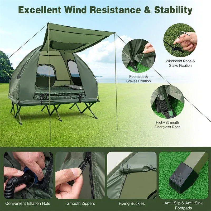 Tienda de Campaña 5 en 1 para 2 Personas con Cama Plegable, Colchón Inflable, Saco de Dormir y Parasol UV