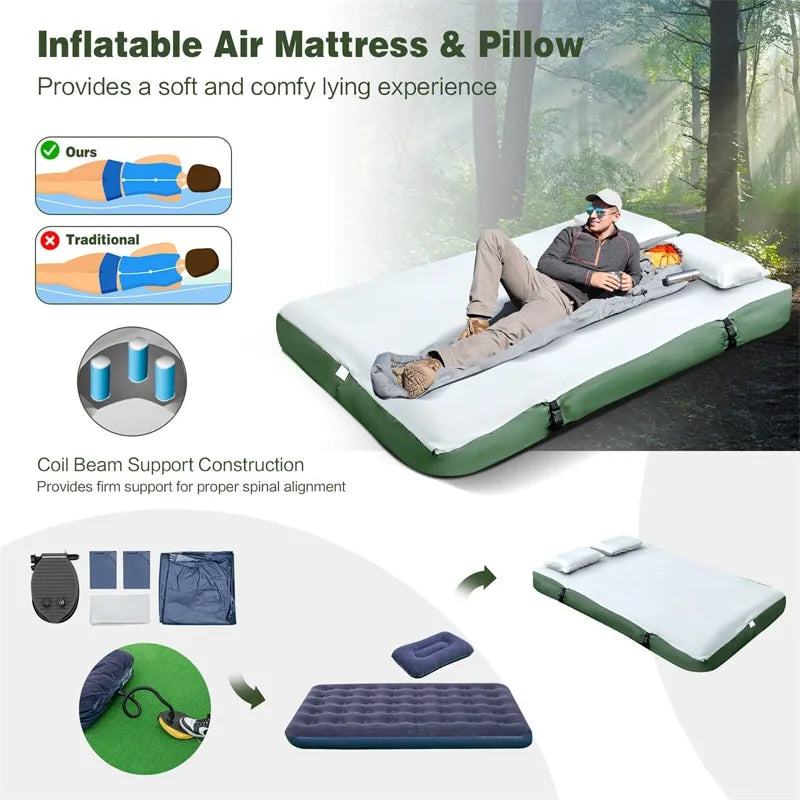 Tienda de Campaña 5 en 1 para 2 Personas con Cama Plegable, Colchón Inflable, Saco de Dormir y Parasol UV