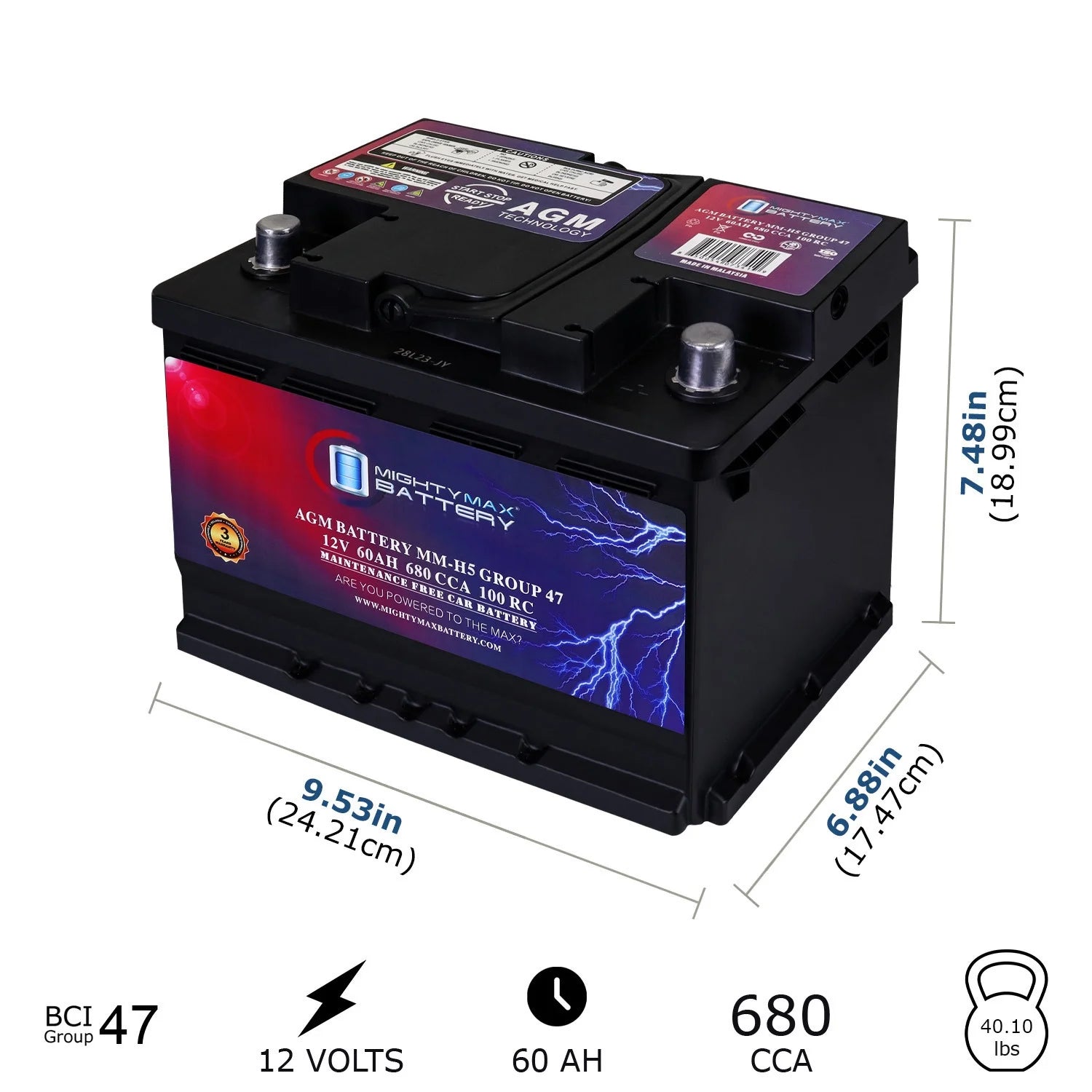 2025 Batería de reemplazo MM-H5 Grupo 47 12V 60AH 100RC 680CCA compatible con Mazda CX-5 2022