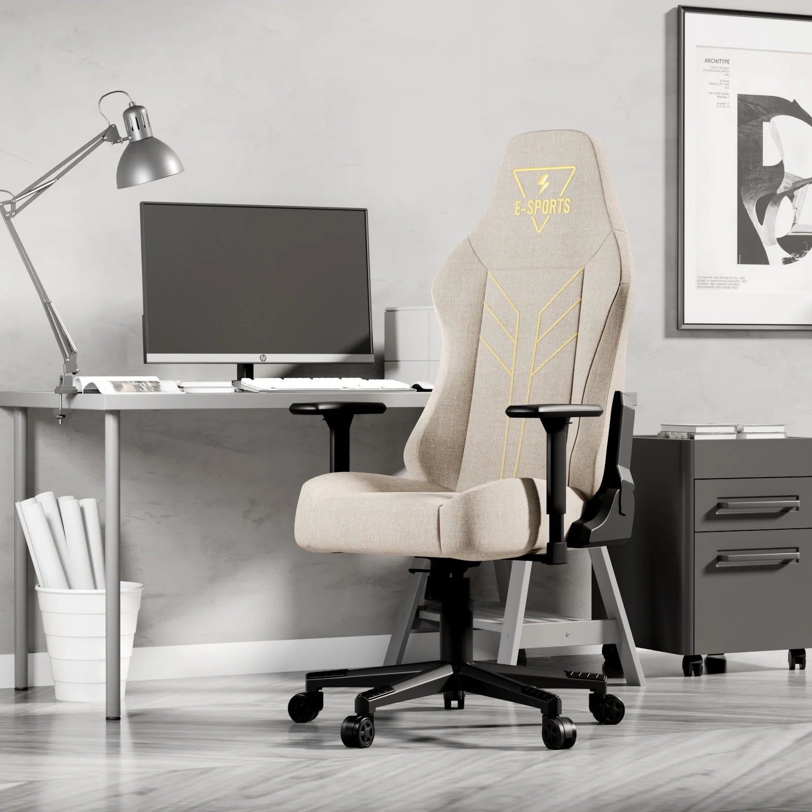 2025 Silla ergonómica para juegos Bigzzia con respaldo alto, reposabrazos 3D, altura ajustable y giro de 360°, color beige
