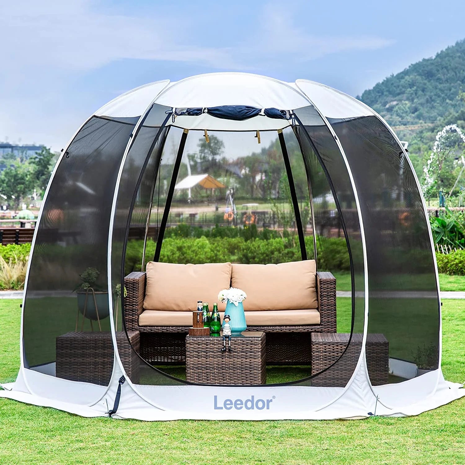 Leedor Cobertura Instantánea con Mosquitero – Pabellón exterior 10'x10' para terraza, protección solar, color gris